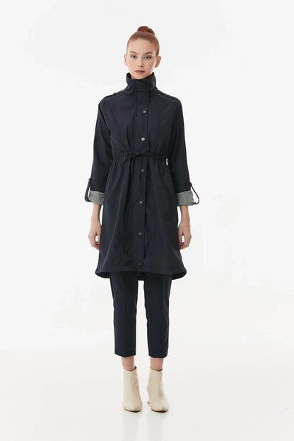 Women's Navy Blue Pocket Detailed Drawstring Waist Lined Long Trench Coat HZL23W-BD158081