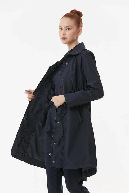 Women's Navy Blue Pocket Detailed Drawstring Waist Lined Long Trench Coat HZL23W-BD158081