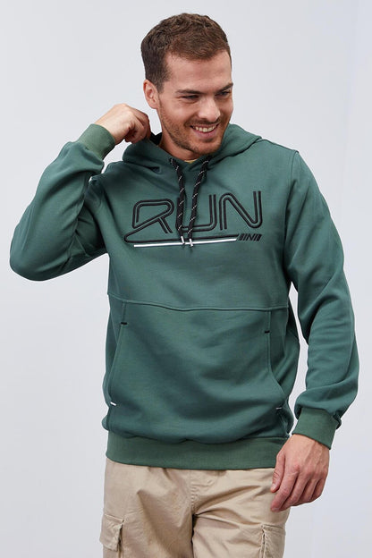 Green Text Embroidered Standard Fit Hooded Men's Sweatshirt - 87887