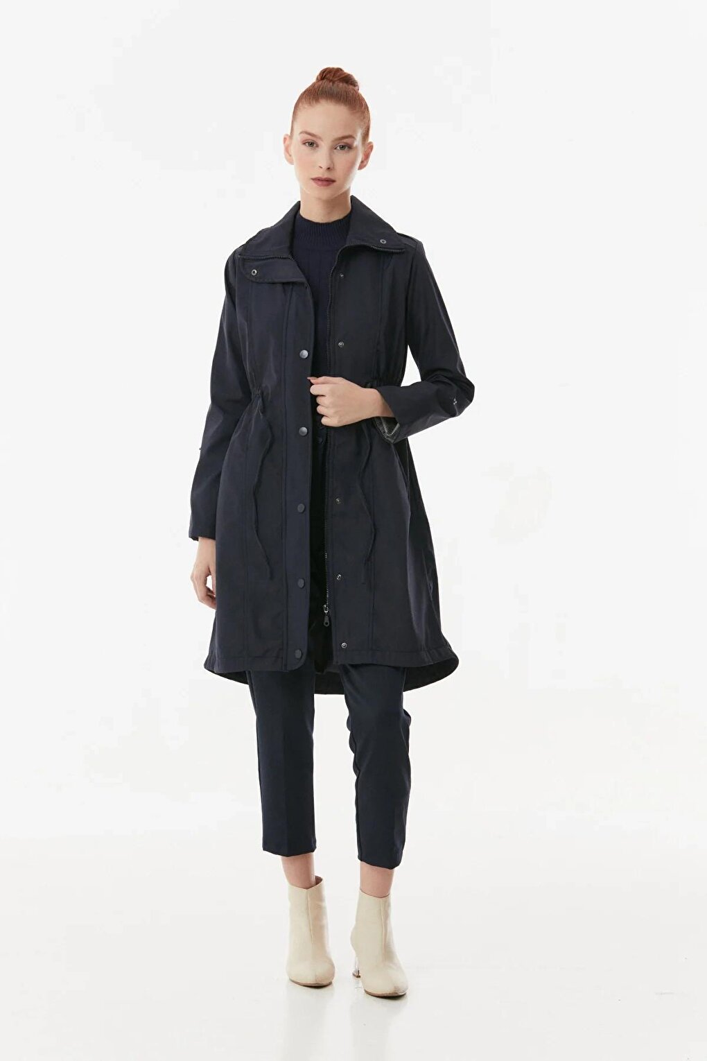 Women's Navy Blue Pocket Detailed Drawstring Waist Lined Long Trench Coat HZL23W-BD158081