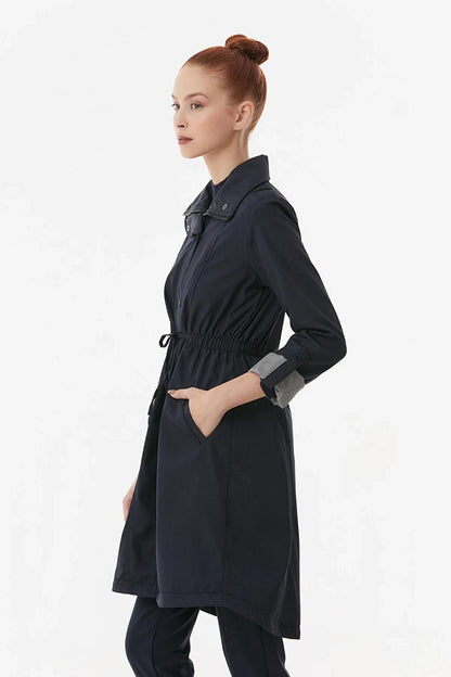 Women's Navy Blue Pocket Detailed Drawstring Waist Lined Long Trench Coat HZL23W-BD158081