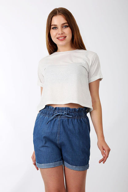 5316 Drawstring Waist Jean Shorts - Dark Blue