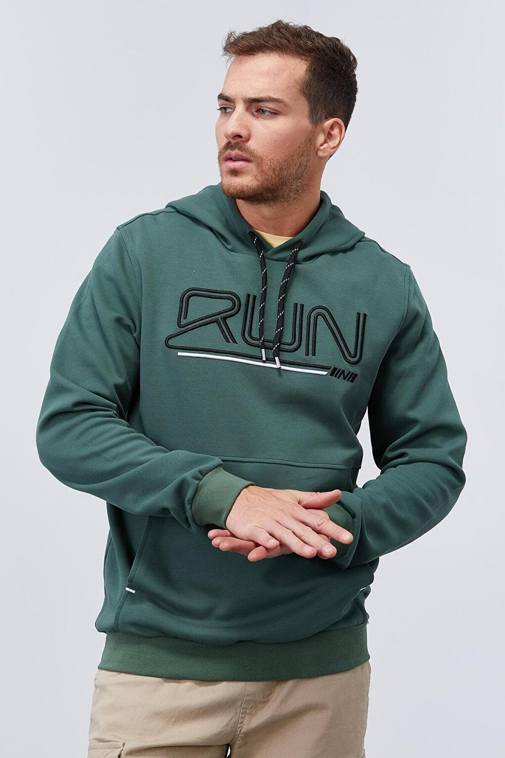 Green Text Embroidered Standard Fit Hooded Men's Sweatshirt - 87887