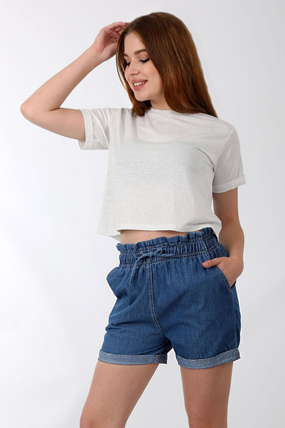 5316 Drawstring Waist Jean Shorts - Dark Blue