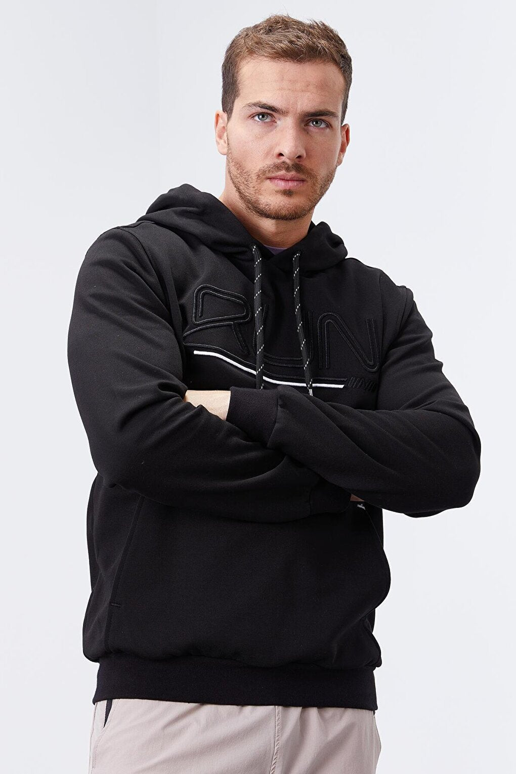 Black Text Embroidered Standard Fit Hooded Men's Sweatshirt - 87887