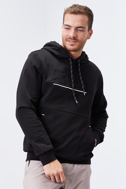 Black Text Embroidered Standard Fit Hooded Men's Sweatshirt - 87887