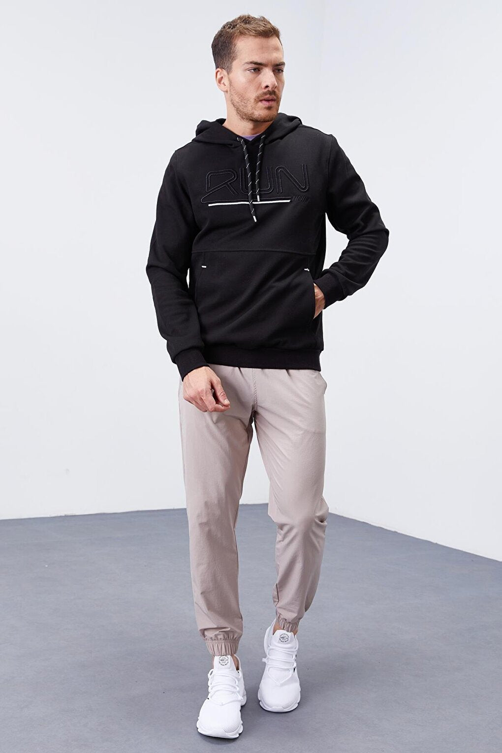 Black Text Embroidered Standard Fit Hooded Men's Sweatshirt - 87887