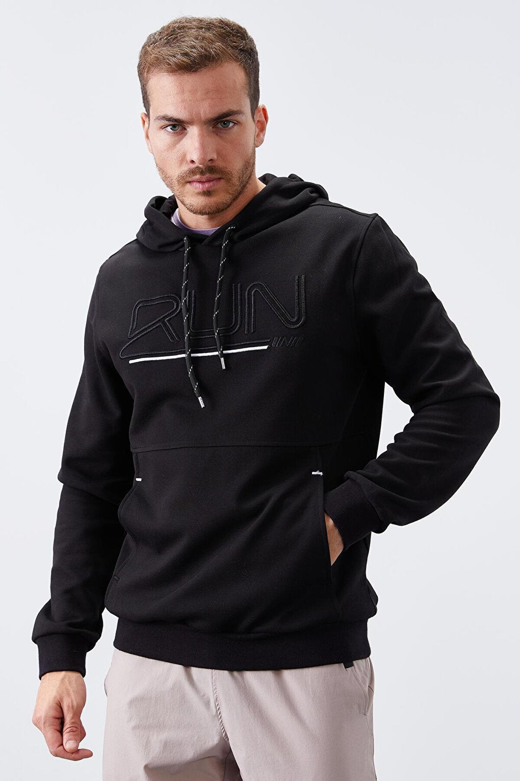 Black Text Embroidered Standard Fit Hooded Men's Sweatshirt - 87887