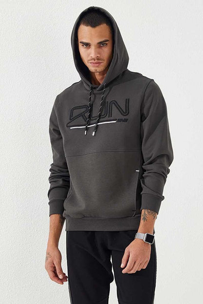 Khaki Text Embroidered Standard Fit Hooded Men's Sweatshirt - 87887