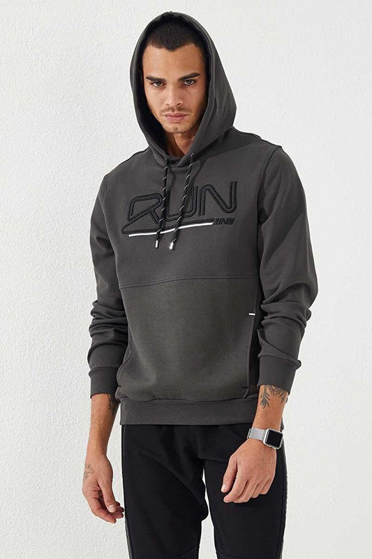 Khaki Text Embroidered Standard Fit Hooded Men's Sweatshirt - 87887