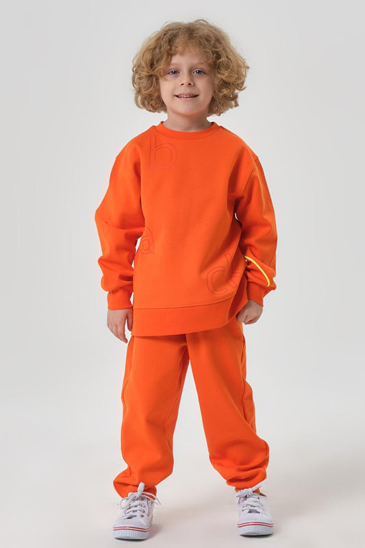 Crew Neck Steel Interlock Fabric Boys Tracksuit Set with Print Detail