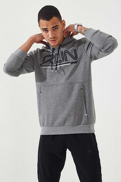 Gray Melange Text Embroidered Standard Fit Hooded Men's Sweatshirt - 87887