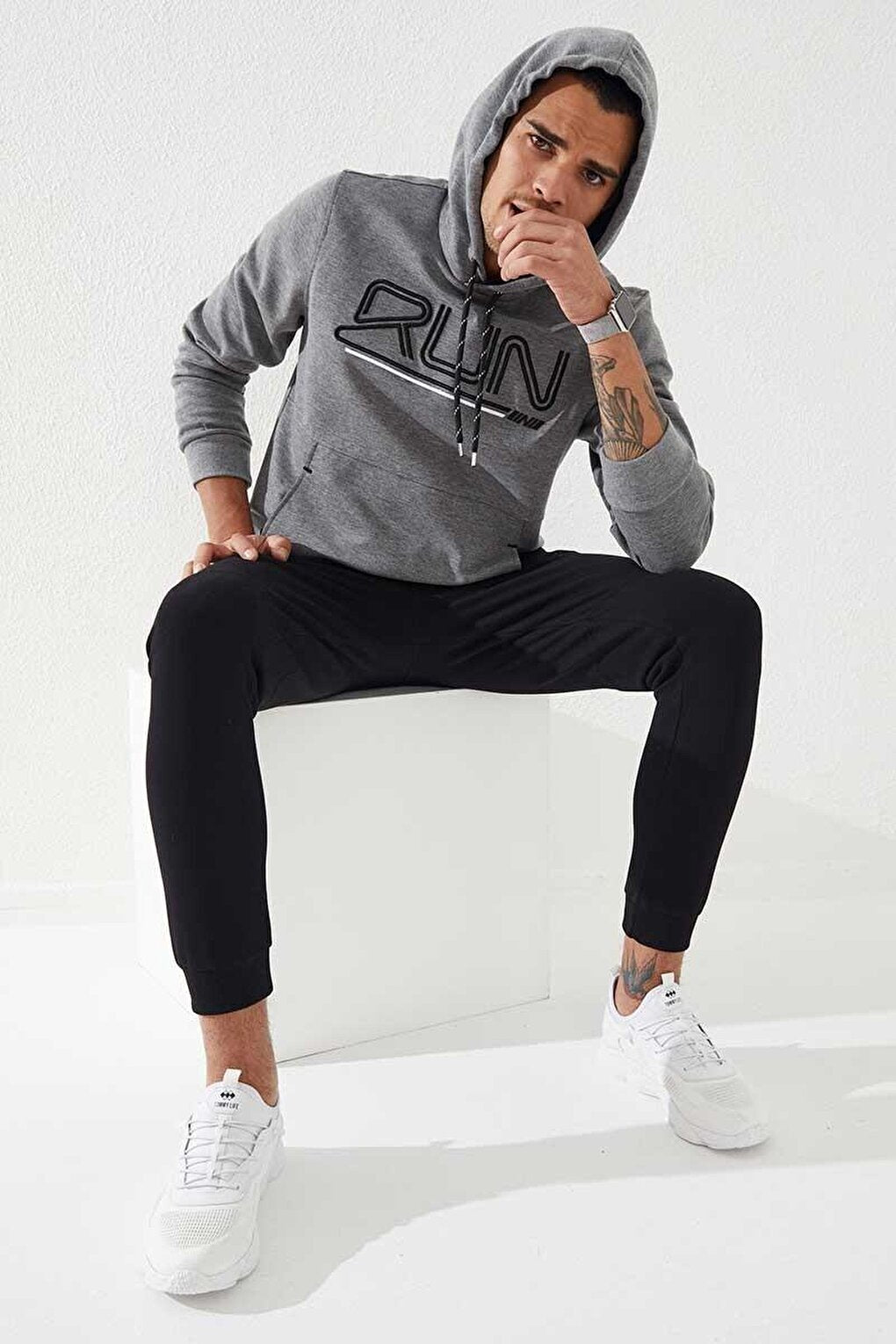 Gray Melange Text Embroidered Standard Fit Hooded Men's Sweatshirt - 87887