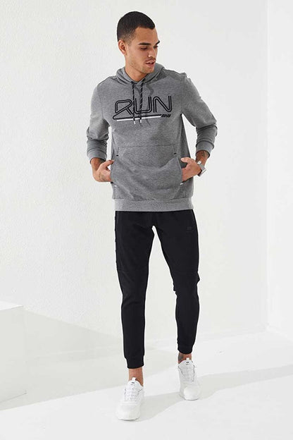 Gray Melange Text Embroidered Standard Fit Hooded Men's Sweatshirt - 87887