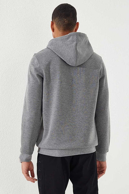 Gray Melange Text Embroidered Standard Fit Hooded Men's Sweatshirt - 87887