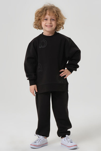 Crew Neck Steel Interlock Fabric Boys Tracksuit Set with Print Detail