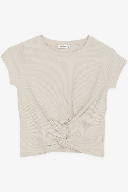 Girl's Crop T-Shirt with Cross Detail Beige (Age 9-14)