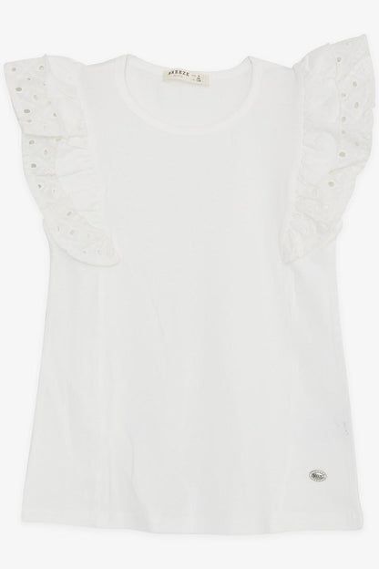 Girl's T-Shirt with Laced Ruffles and Embroidery Ecru (Age 5-9)