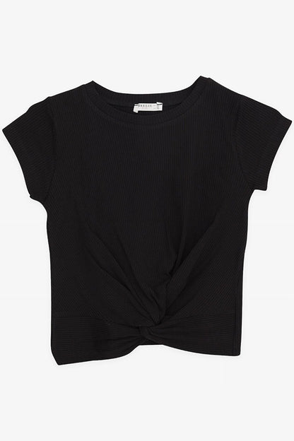 Girl's Crop T-Shirt with Cross Detail, Black (Ages 9-14)