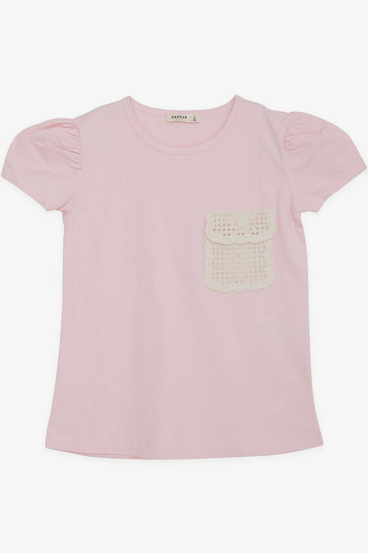 Girl's T-Shirt with Knitted Pocket Detail, Pink (Ages 6-12)