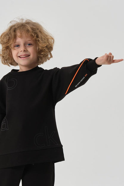 Crew Neck Steel Interlock Fabric Boys Tracksuit Set with Print Detail