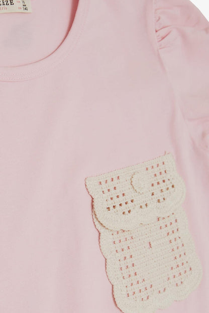 Girl's T-Shirt with Knitted Pocket Detail, Pink (Ages 6-12)