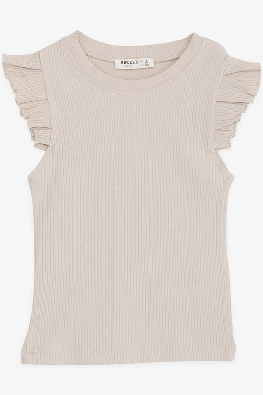 Girl's Crop T-Shirt with Frilly Sleeves Beige (Ages 8-14)