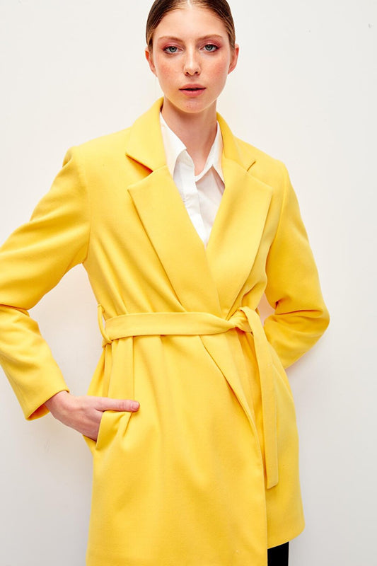 Solid Color Belted Double Breasted Collar Coat-Yellow