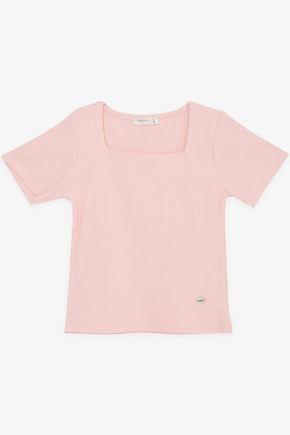 Girl's Crop T-Shirt Corded Square Neck Salmon (Age 9-14)