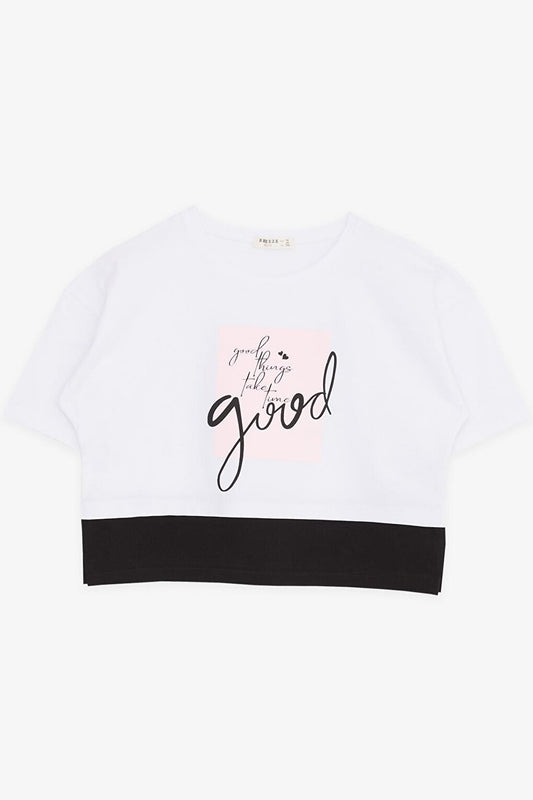 Girl's Crop T-Shirt with Text Print and Slits on the Sides White (Age 9-14)