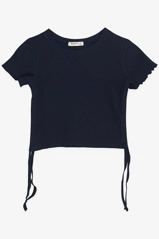 Girl's T-Shirt with Gathered Sides, Navy Blue (Ages 8-14)