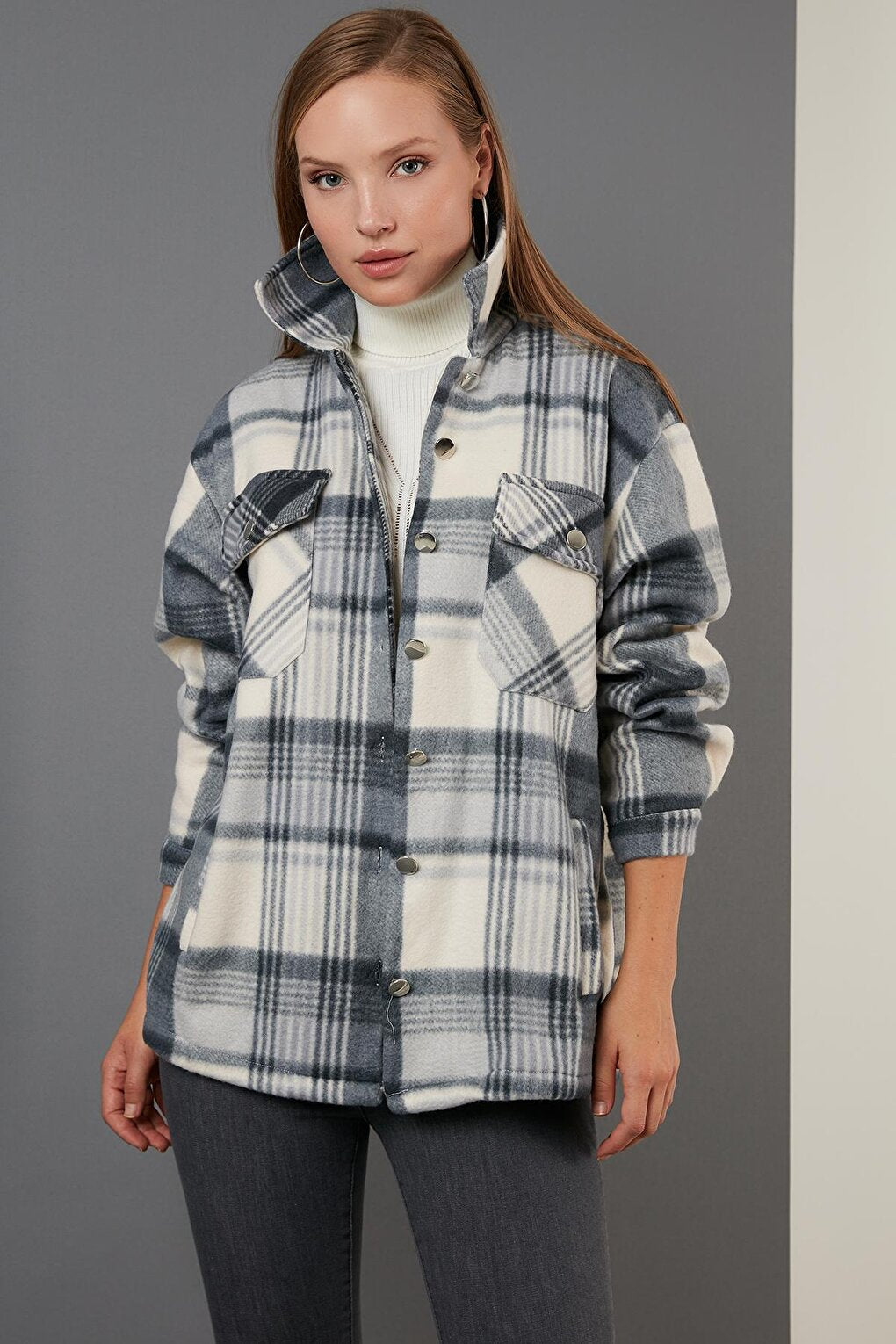 Cotton Plaid Patterned Winter Fleece Lumberjack Shirt with Pockets 6053479