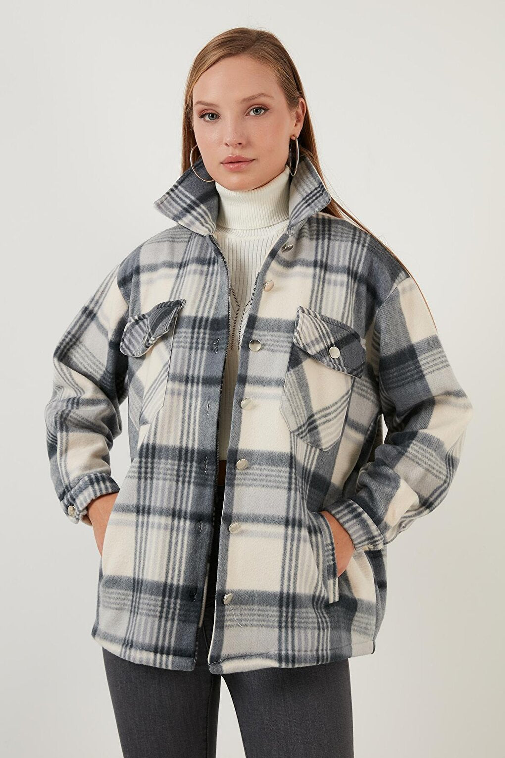 Cotton Plaid Patterned Winter Fleece Lumberjack Shirt with Pockets 6053479