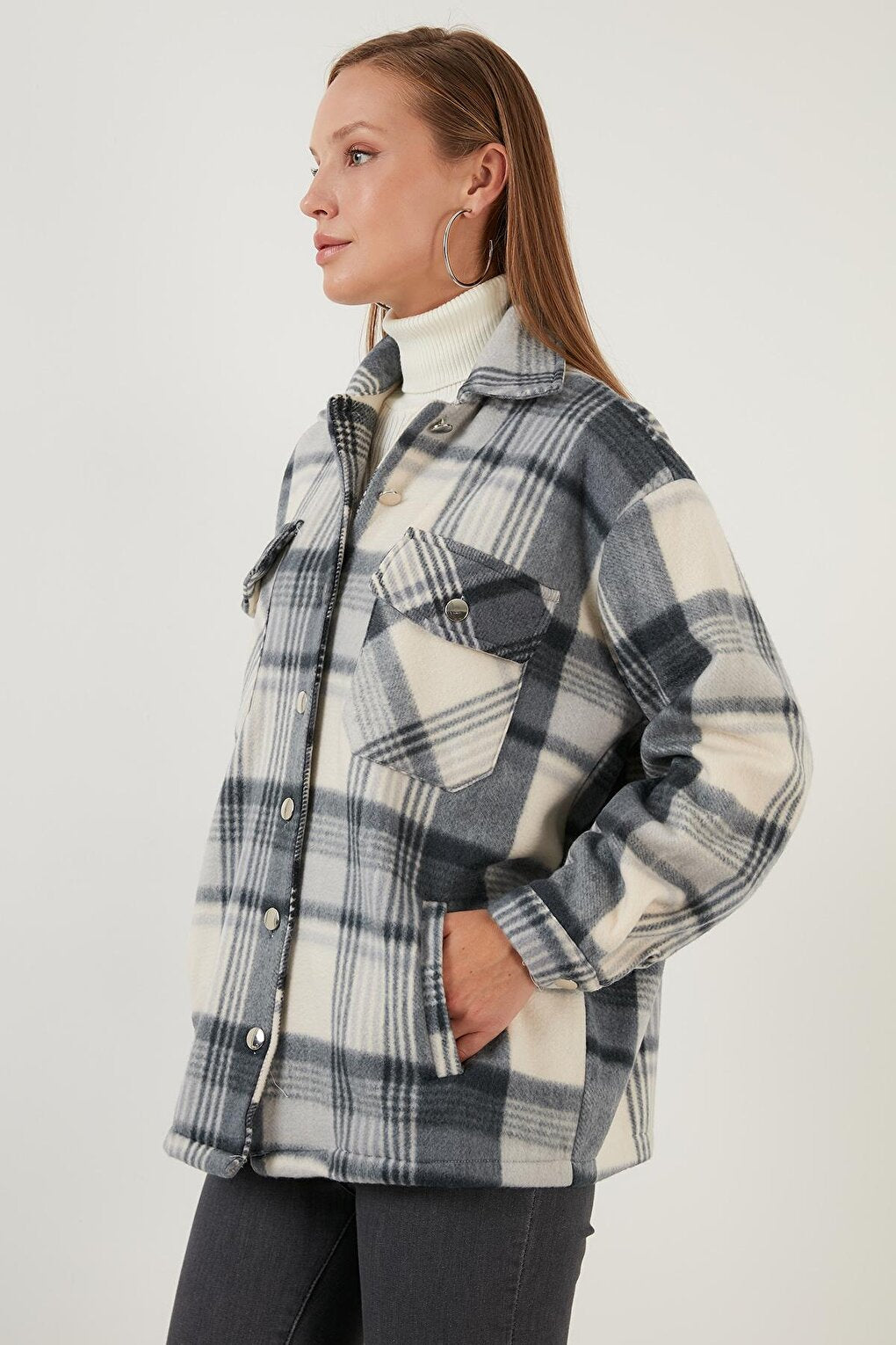 Cotton Plaid Patterned Winter Fleece Lumberjack Shirt with Pockets 6053479