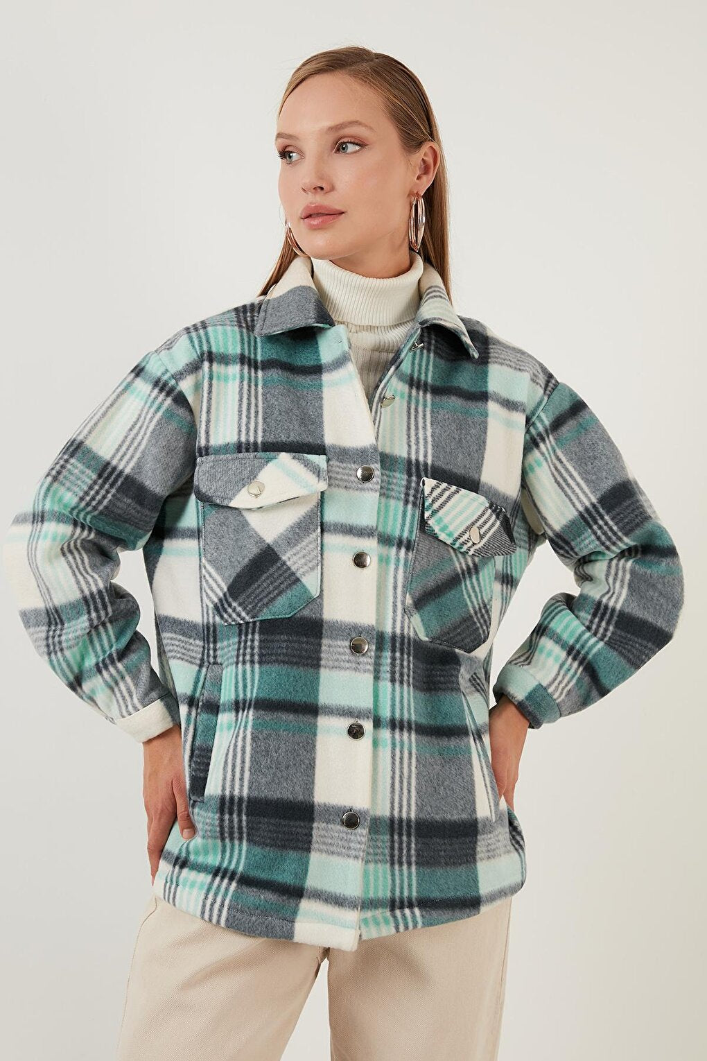 Cotton Plaid Patterned Winter Fleece Lumberjack Shirt with Pockets 6053479