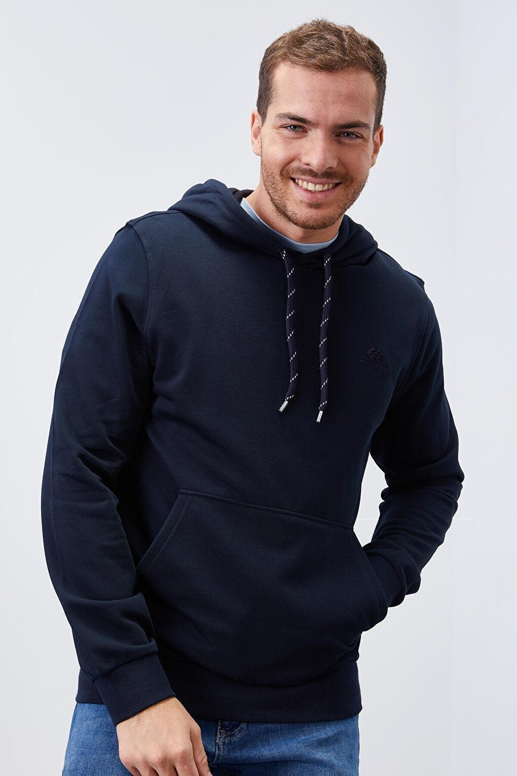 Navy Blue Kangaroo Pocket Standard Fit Hooded Men's Sweatshirt - 87872