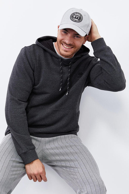 Anthracite Melange Kangaroo Pocket Standard Fit Hooded Men's Sweatshirt - 87872