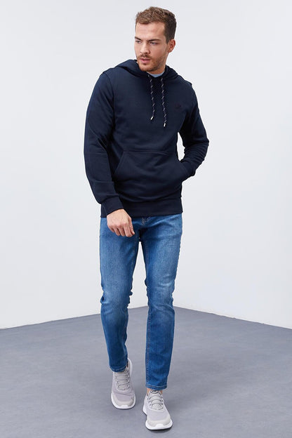 Navy Blue Kangaroo Pocket Standard Fit Hooded Men's Sweatshirt - 87872