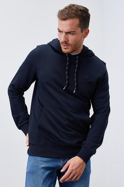 Navy Blue Kangaroo Pocket Standard Fit Hooded Men's Sweatshirt - 87872