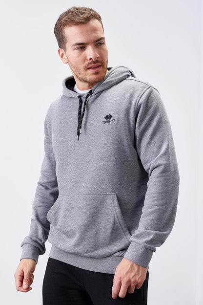 Gray Melange Kangaroo Pocket Standard Fit Hooded Men's Sweatshirt - 87872