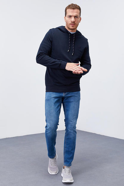 Navy Blue Kangaroo Pocket Standard Fit Hooded Men's Sweatshirt - 87872