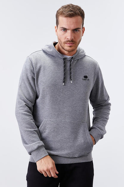 Gray Melange Kangaroo Pocket Standard Fit Hooded Men's Sweatshirt - 87872