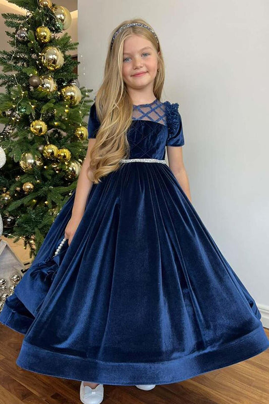 Girl's Navy Blue Velvet Evening Dress with Glitter on the Collar and Stone Embroidery on the Waist