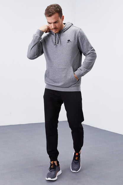 Gray Melange Kangaroo Pocket Standard Fit Hooded Men's Sweatshirt - 87872