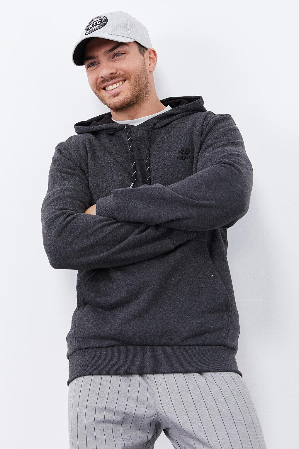 Anthracite Melange Kangaroo Pocket Standard Fit Hooded Men's Sweatshirt - 87872