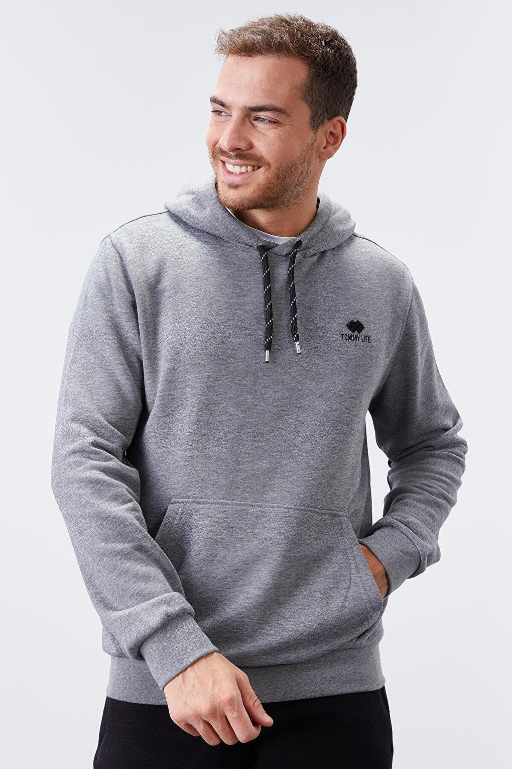 Gray Melange Kangaroo Pocket Standard Fit Hooded Men's Sweatshirt - 87872