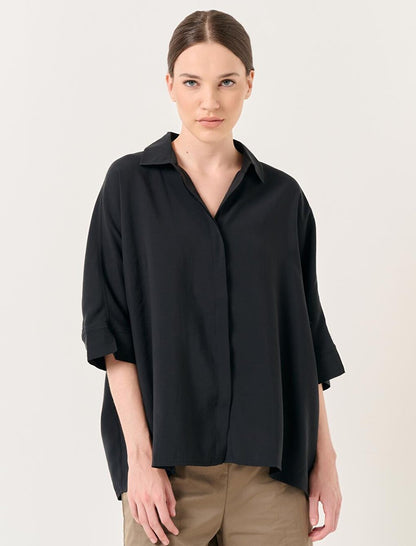 Black Loose Fit Three Quarter Sleeve Slit Shirt