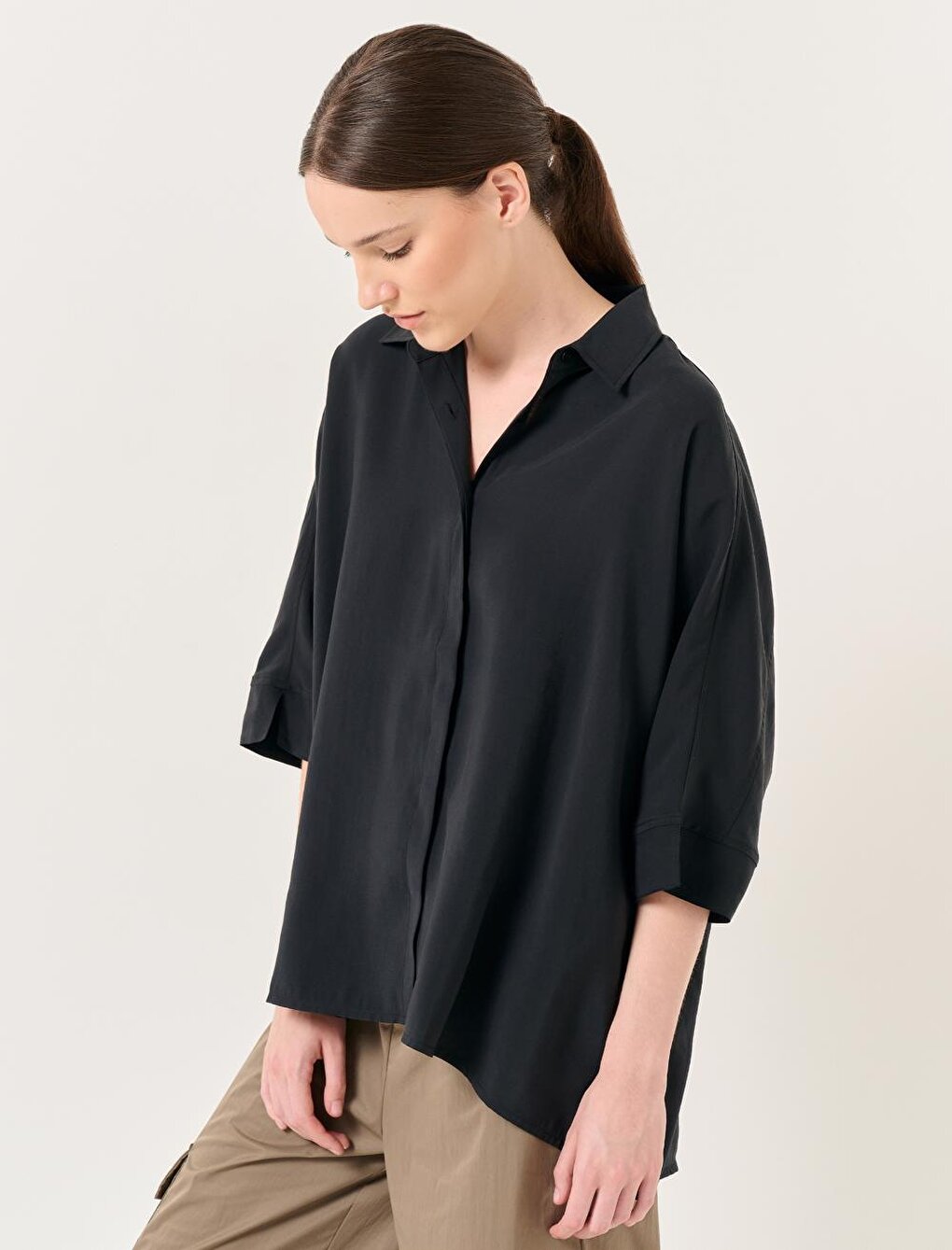 Black Loose Fit Three Quarter Sleeve Slit Shirt