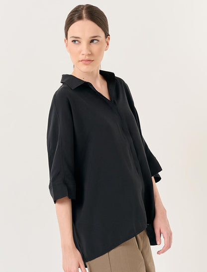 Black Loose Fit Three Quarter Sleeve Slit Shirt