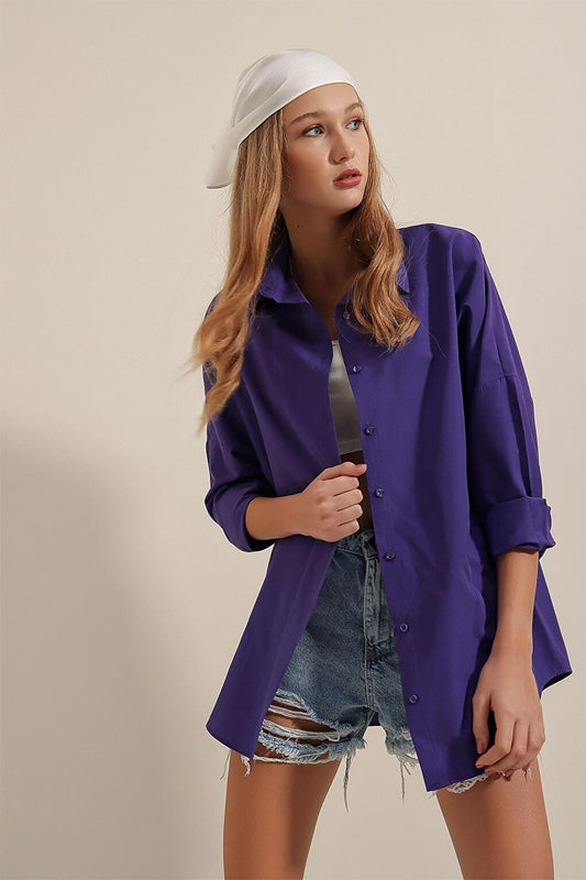 Dark Purple Plain Plain Araboy Basic Oversize Shirt